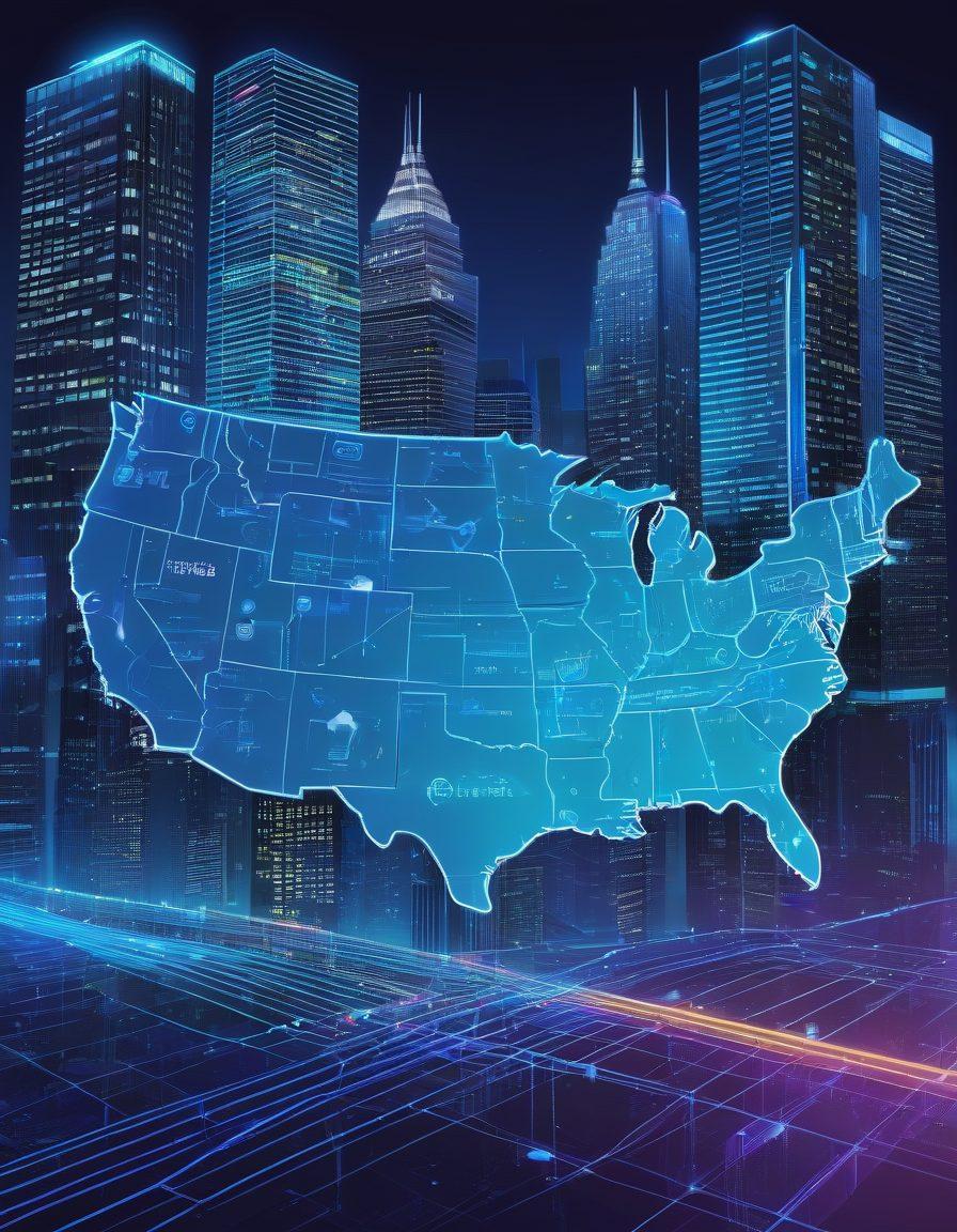 A modern, sleek illustration of the United States map filled with various technology icons like servers, databases, clouds, and coding symbols, connected by vibrant digital lines. In the background, skyscrapers representing major tech cities like San Francisco, Seattle, and New York. A large overlayed title that reads 'From Design to Deployment.' vector art. vibrant colors.