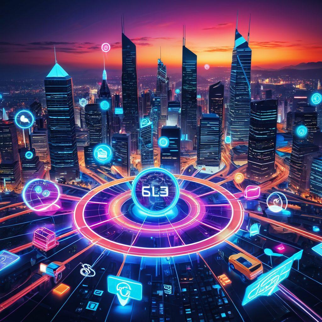 A dynamic illustration featuring a bustling e-commerce cityscape with online stores, digital shopping carts, SEO symbols like magnifying glass and upward graphs, all interconnected with glowing web service icons radiating from a central hub. futuristic style. vibrant colors.